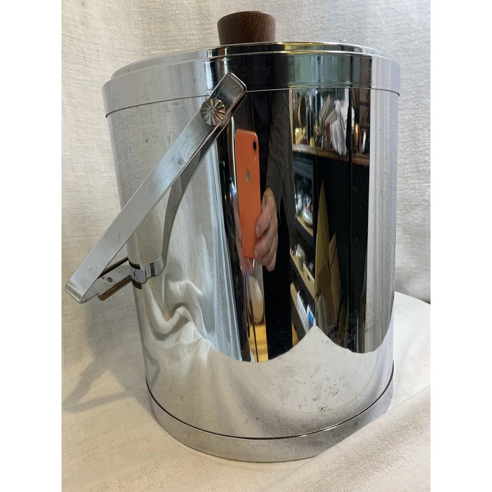Kromex Ice Bucket Chrome Barware MCM USA w/ box wood accent handles Vint. Large